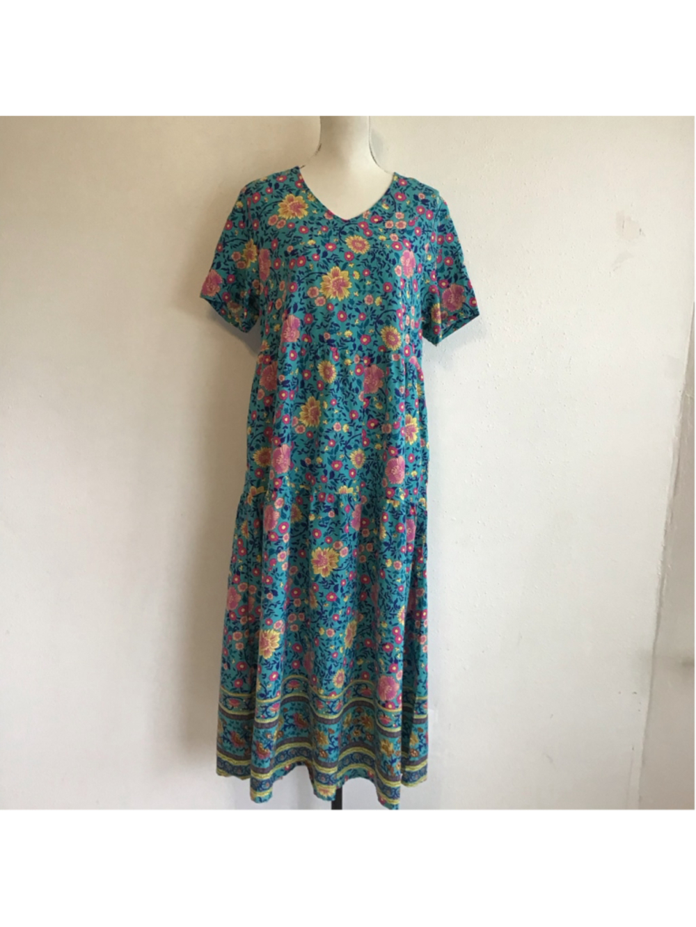 NWT - Yesno Women's Elegant Cottage Floral Midi Dress Teal Pink Size L